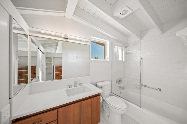 full bathroom with vaulted ceiling with beams, bath / shower combo with glass door, toilet, vanity, and wood ceiling