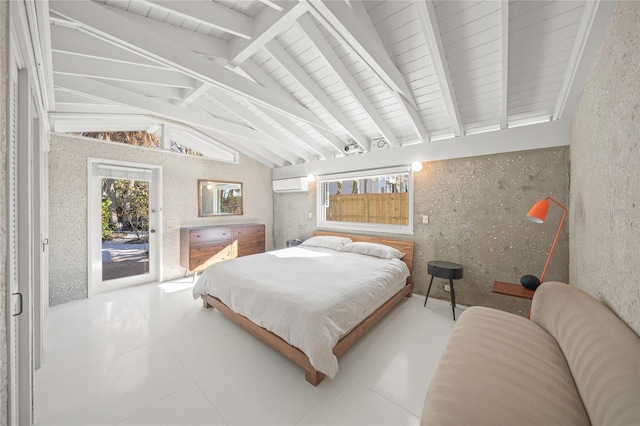 tiled bedroom featuring lofted ceiling with beams, access to outside, and an AC wall unit