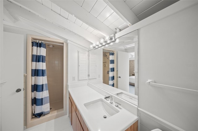 bathroom featuring wooden ceiling, a shower with curtain, lofted ceiling with beams, tile patterned floors, and vanity