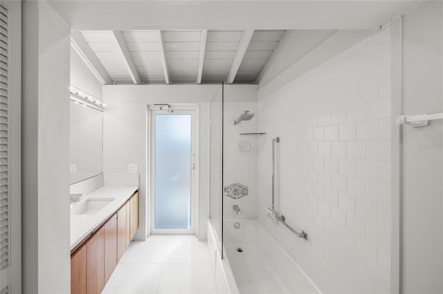 bathroom featuring wood ceiling, vanity, shower / bathing tub combination, and lofted ceiling with beams