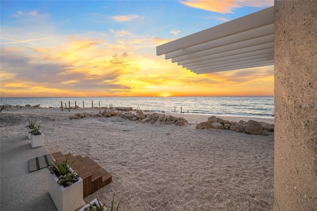 view of water feature with a beach view