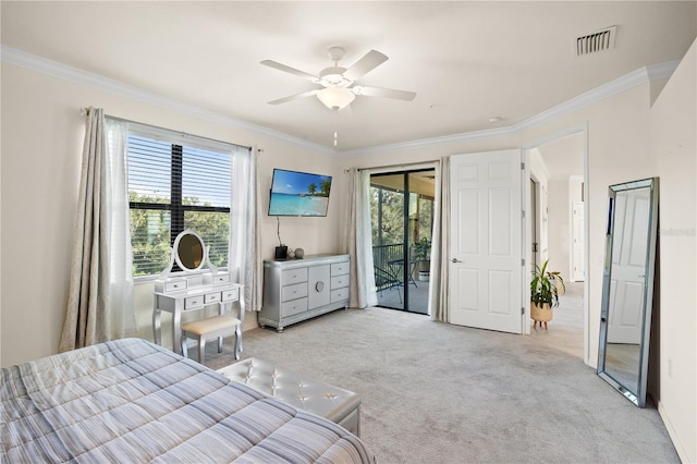 carpeted bedroom featuring ornamental molding, ceiling fan, and access to outside