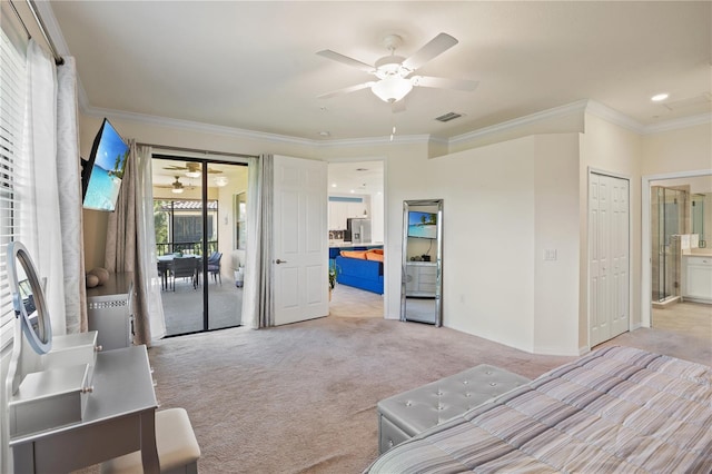 carpeted bedroom with ceiling fan, access to exterior, and crown molding