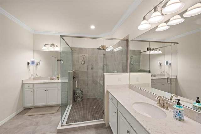 bathroom with walk in shower, ornamental molding, and vanity