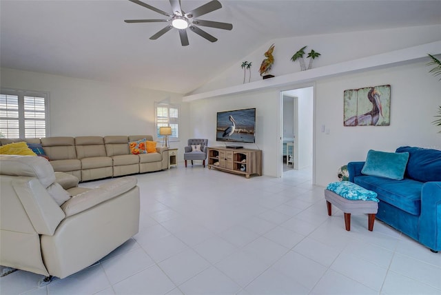 living room with high vaulted ceiling and ceiling fan