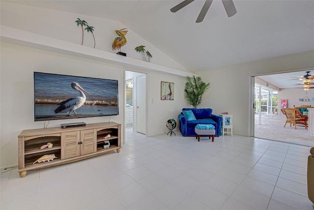 living area with high vaulted ceiling, tile patterned floors, and ceiling fan