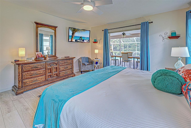 bedroom featuring light hardwood / wood-style floors and ceiling fan