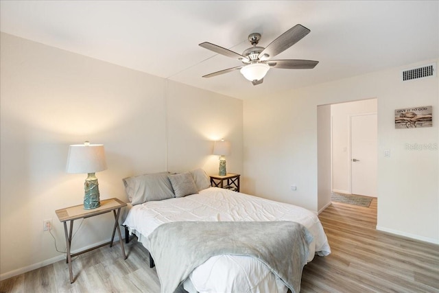 bedroom with ceiling fan and light hardwood / wood-style floors