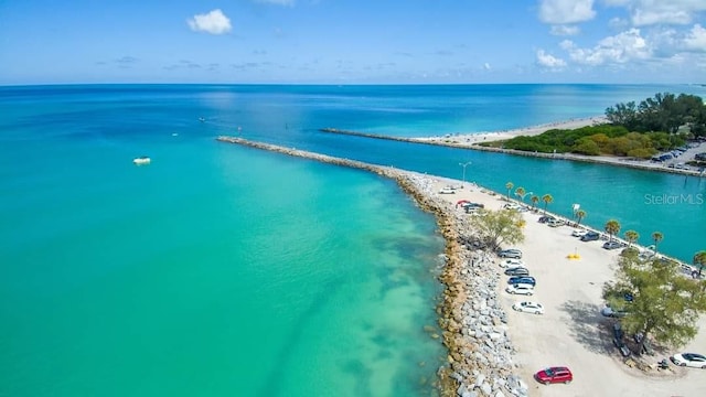 bird's eye view with a water view and a beach view