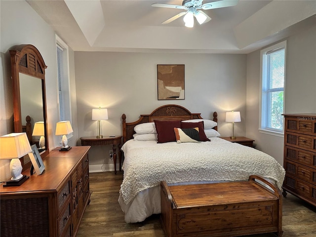 bedroom featuring a raised ceiling, ceiling fan, and dark wood-type flooring