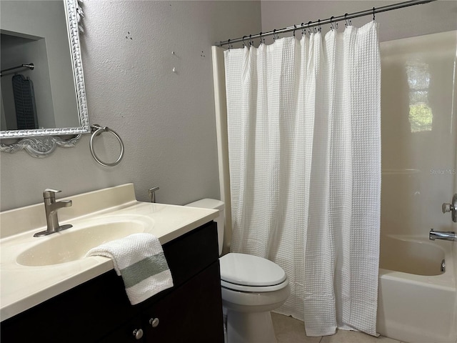 full bathroom featuring shower / bath combination with curtain, vanity, toilet, and tile patterned floors