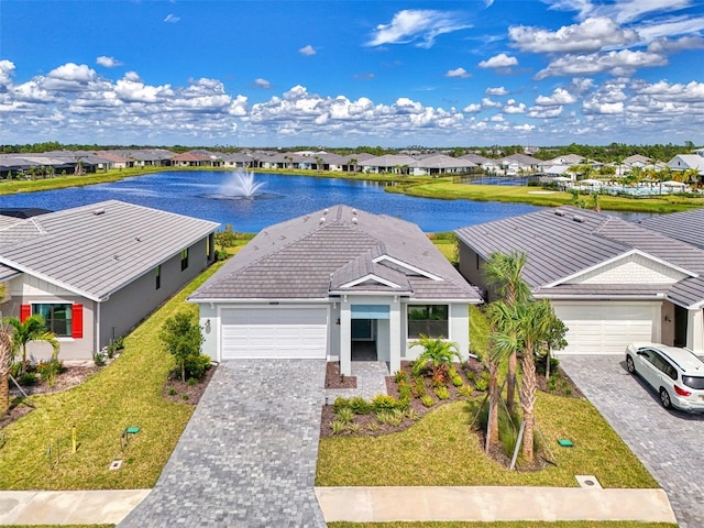 exterior space with a water view