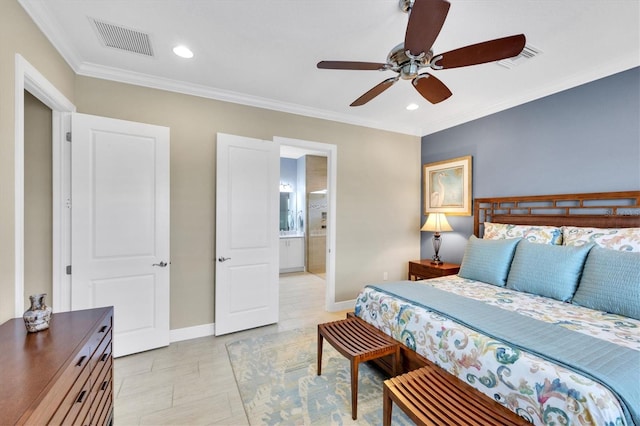 bedroom with ceiling fan, light tile patterned floors, connected bathroom, and ornamental molding