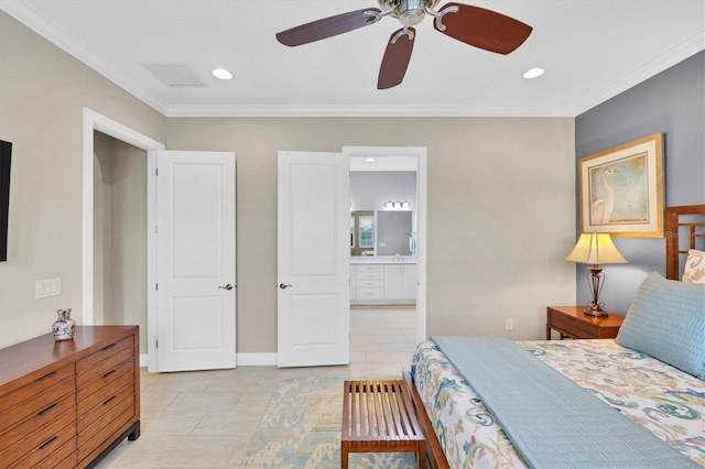 bedroom with ornamental molding, ensuite bath, ceiling fan, and light tile patterned floors