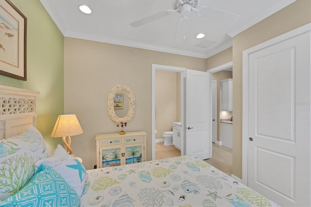 bedroom featuring ornamental molding, connected bathroom, and ceiling fan