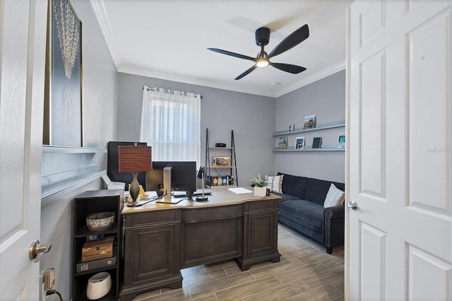 office featuring light wood-type flooring, ornamental molding, and ceiling fan