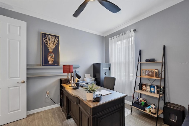 office space featuring ceiling fan, light hardwood / wood-style flooring, and crown molding