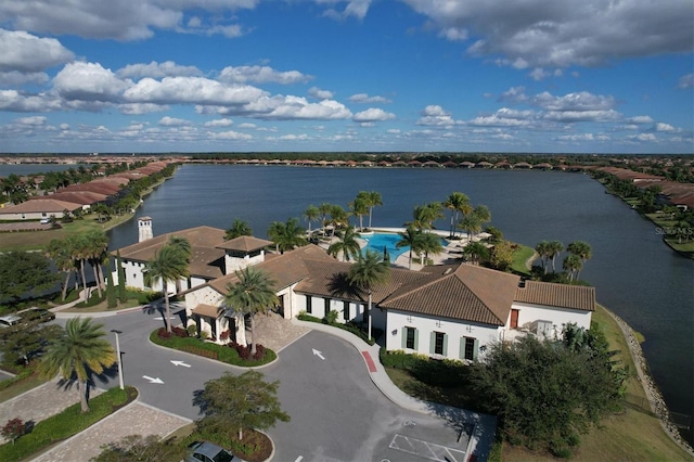 bird's eye view with a water view