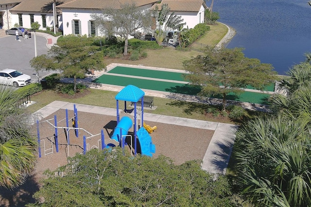 aerial view featuring a water view