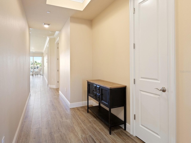 hallway with crown molding, light hardwood / wood-style flooring, and a skylight