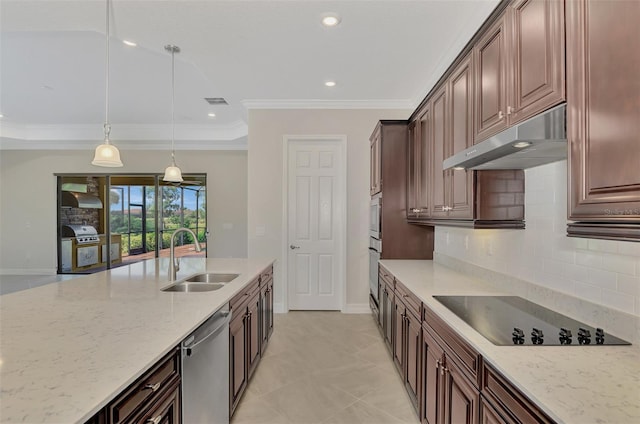 kitchen featuring black electric cooktop, hanging light fixtures, light stone counters, dishwasher, and sink