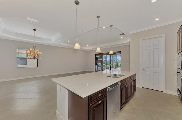 kitchen featuring hanging light fixtures, light stone countertops, a center island with sink, stainless steel dishwasher, and sink