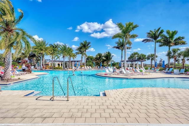 view of swimming pool featuring a patio