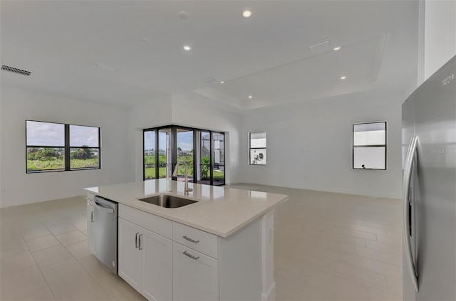 kitchen featuring white cabinets, an island with sink, sink, stainless steel appliances, and a tray ceiling