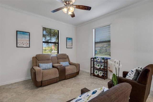 tiled living room featuring ornamental molding and ceiling fan