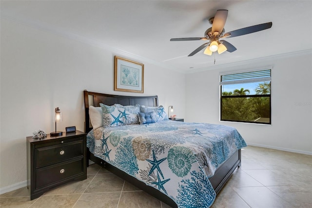 tiled bedroom featuring crown molding and ceiling fan