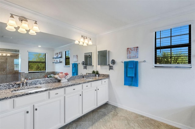 bathroom featuring ornamental molding, an enclosed shower, and vanity