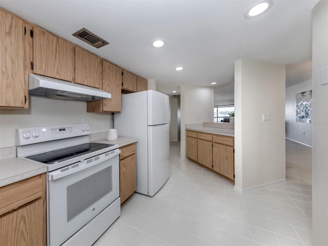 5050 Marianne Key Rd Unit 3B, Punta Gorda, FL 33955 - kitchen with recessed lighting, under cabinet range hood, light countertops, visible vents, and white appliances