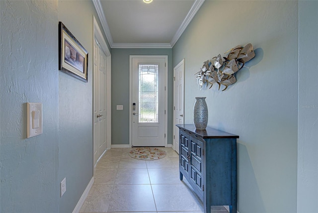 doorway to outside featuring crown molding and light tile patterned floors