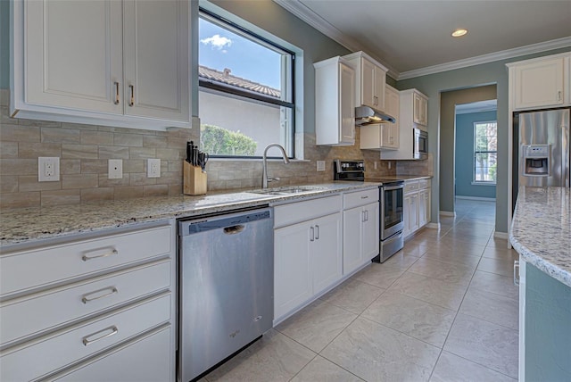 kitchen featuring stainless steel appliances, white cabinetry, a healthy amount of sunlight, and sink