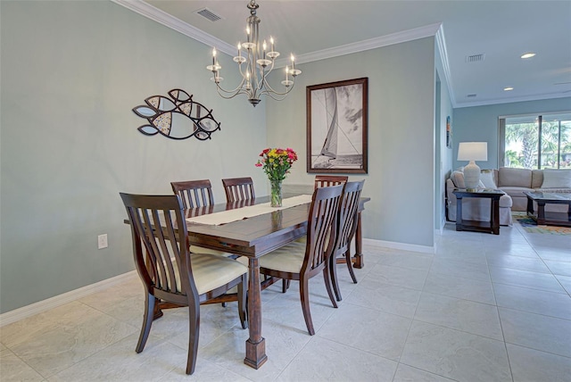 dining room featuring a notable chandelier, crown molding, and light tile patterned floors