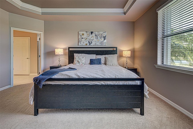 carpeted bedroom with crown molding and a raised ceiling