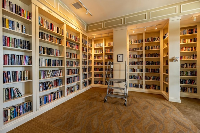 interior space featuring carpet floors, rail lighting, and built in features