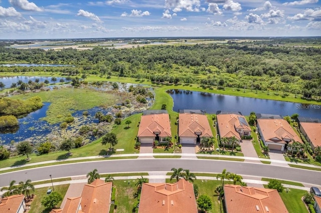 drone / aerial view featuring a water view