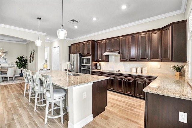 kitchen with sink, light hardwood / wood-style floors, decorative light fixtures, and a center island with sink