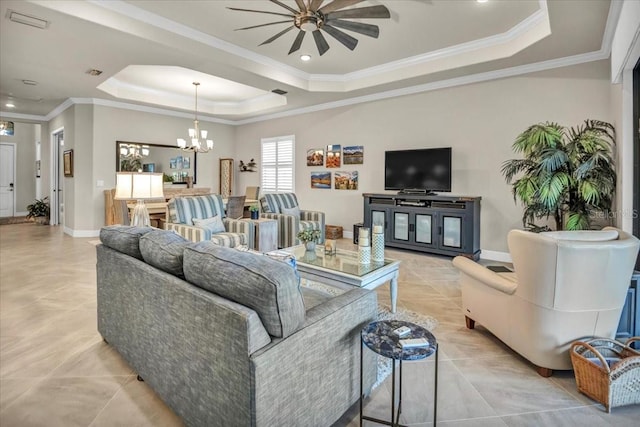 living room with light tile patterned floors, crown molding, a tray ceiling, and ceiling fan with notable chandelier