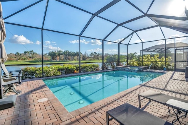 view of swimming pool with a patio, a water view, and glass enclosure