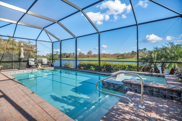 view of swimming pool with a water view, an in ground hot tub, a lanai, and a patio