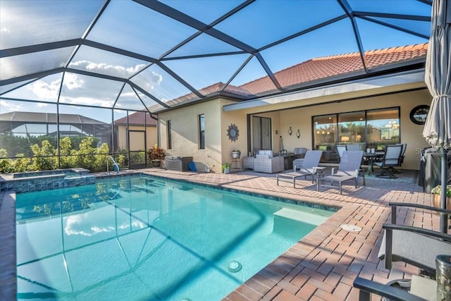 view of swimming pool with a patio area and glass enclosure