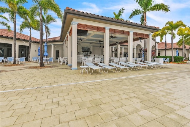 rear view of property with a patio area and ceiling fan