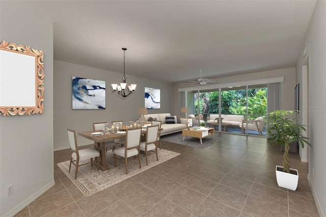 dining area featuring ceiling fan with notable chandelier and tile patterned floors