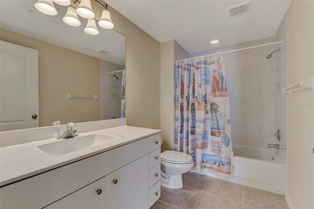 full bathroom with vanity, tile patterned flooring, shower / tub combo, a chandelier, and toilet