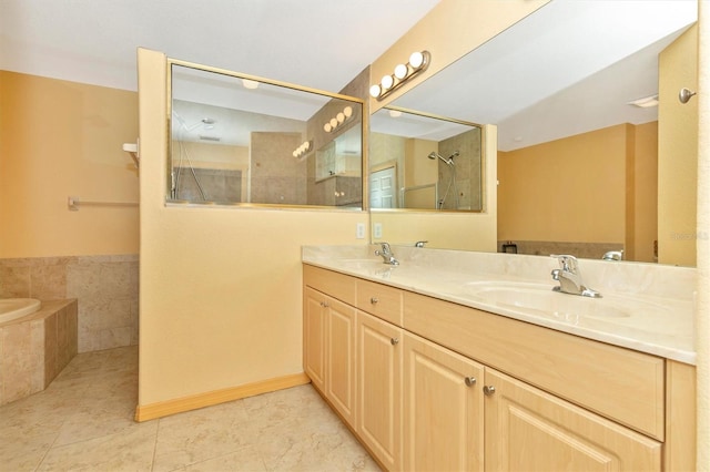 bathroom featuring vanity, plus walk in shower, and tile patterned floors