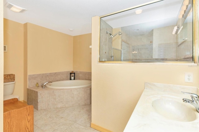 full bathroom with vanity, separate shower and tub, toilet, and tile patterned floors