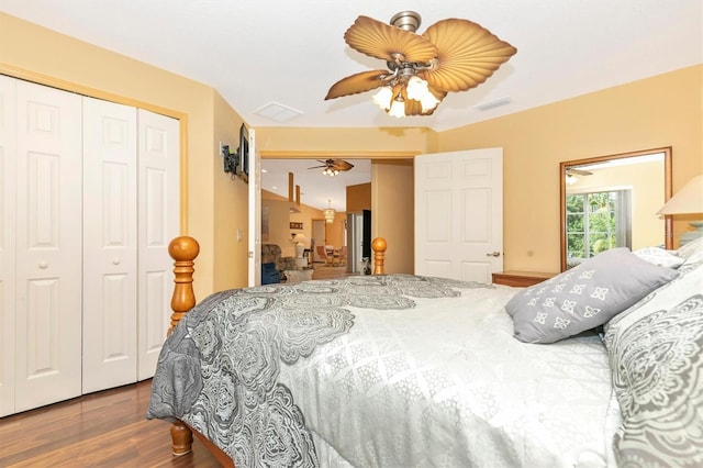 bedroom featuring a closet, ceiling fan, and hardwood / wood-style floors