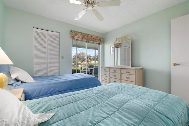 bedroom featuring ceiling fan, a closet, access to outside, and a textured ceiling